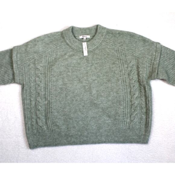 Madewell Cable Knit Sweater Alpaca Wool Womens Medium Green Boxy Classic NEW - Picture 3 of 8